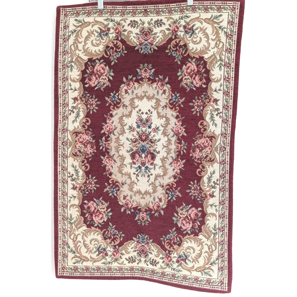 Vintage Floral Chenille Rugs Pair 23x34 Burgundy Rose Aubusson Style set of two